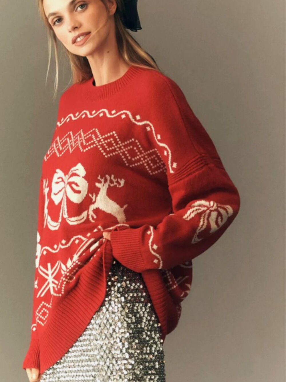 Anthropologie Maeve Oversized Reindeer Graphic Sweater Christmas Holiday M NWT
